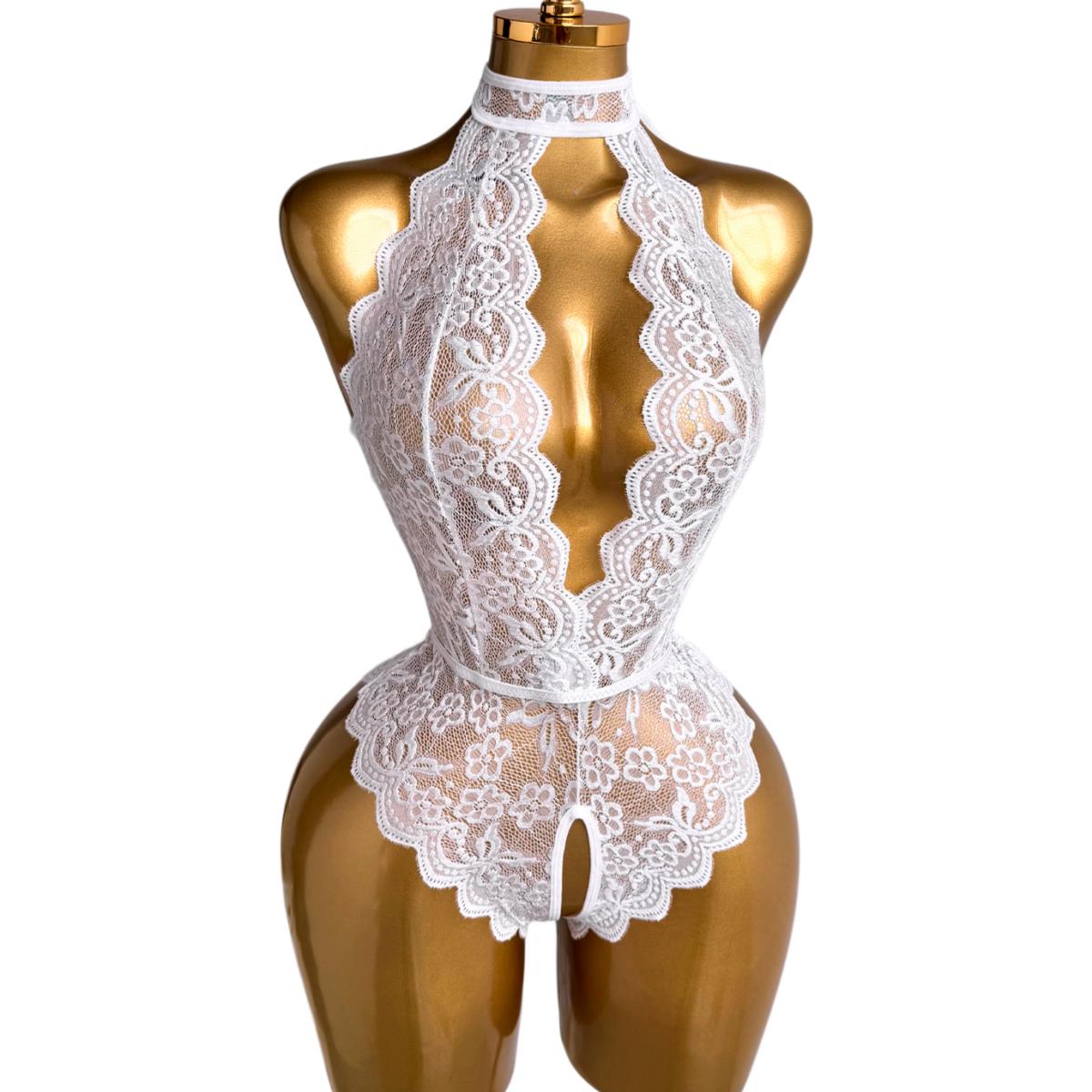 White Halter Neck Floral Lace  - Lace Teddy Lingerie reseña y precio