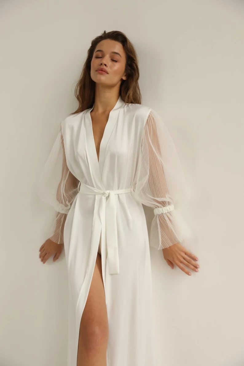 White Bridal Silk Gown With Wi - Robe Silk Women reseña y precio